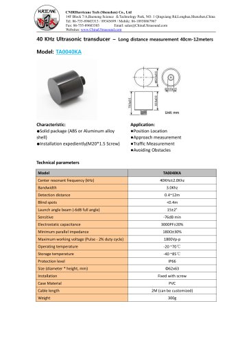 TA0040KA-Ultrasonic-Distance-Sensor-Datasheet