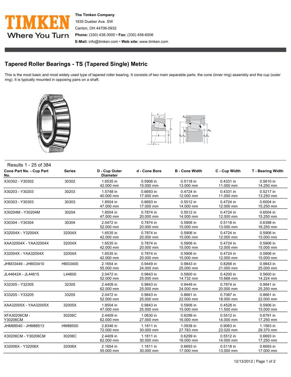 Tapered Roller Bearings - TS (Tapered Single) Metric - TIMKEN