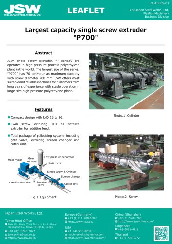 Largest capacity single screw extruder “P700”