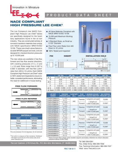 NACE COMPLIANT HIGH PRESSURE LEE CHEK