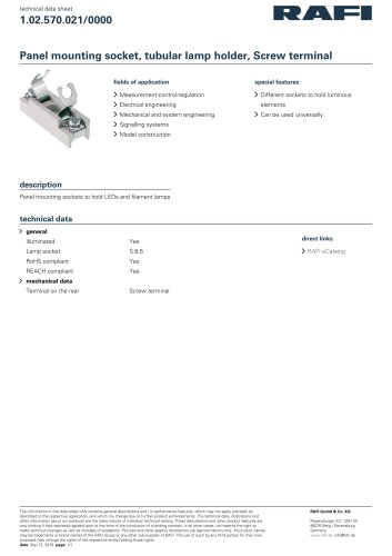 Panel mounting socket, tubular lamp holder, Screw terminal