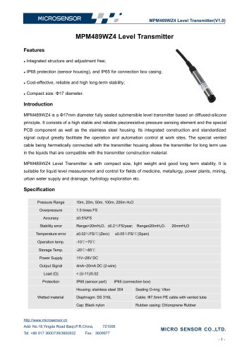 17mm Diameter Small Size Level Transmitter MPM489WZ4