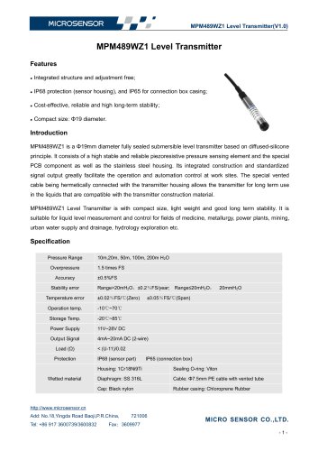 19mm Diameter Compact Level Transmitter MPM489WZ1