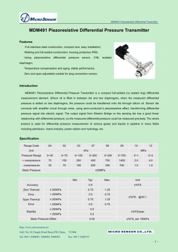 MDM491 Piezoresistive Differential Pressure Transmitter