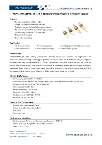 MPM180/MPM185 TO-8 Housing Piezoresistive Pressure Sensor