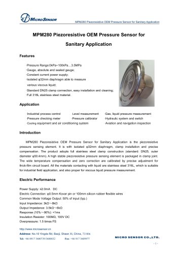 MPM280PC1/PC3 Piezoresistive OEM Pressure Sensor for Sanitary Application