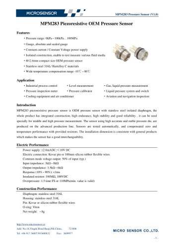 MPM283 piezoresistive OEM Pressure Sensor