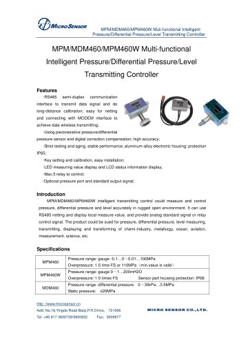 MPM460W Multi-functional Intelligent Pressure/Differential Pressure/Level Transmitting Controller