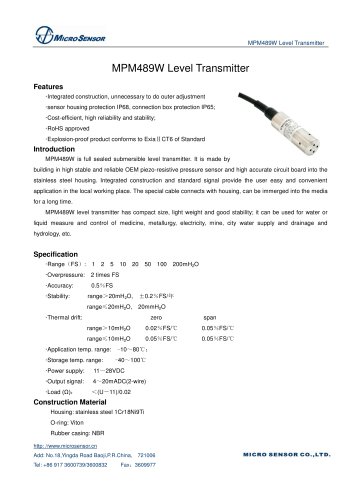 Water Tank Level Transmitter MPM489W