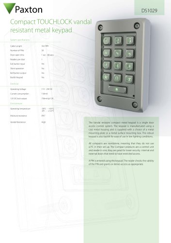 DS1029 Compact TOUCHLOCK vandal resistant metal keypad