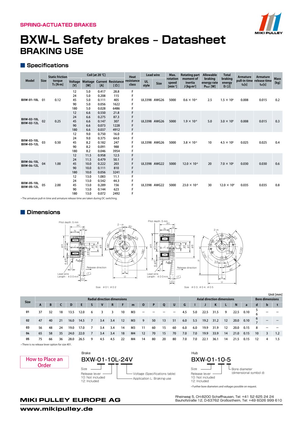BXW Model datasheets - Miki Pulley Europe AG