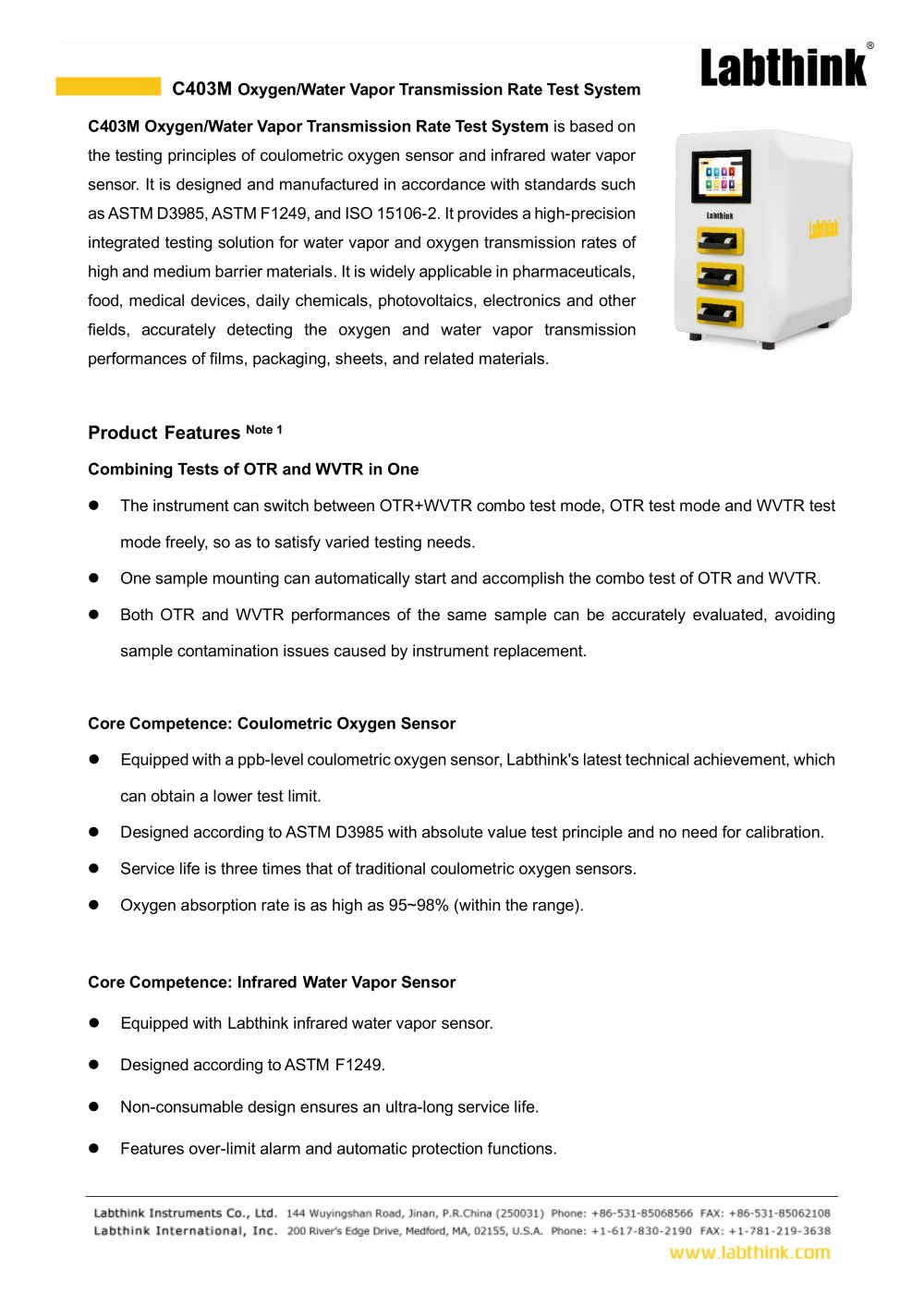 Labthink C403M Oxygen/Water Vapor Transmission Rate Test System - Combining Tests of OTR and WVTR in One - Labthink Instruments Co., Ltd.
