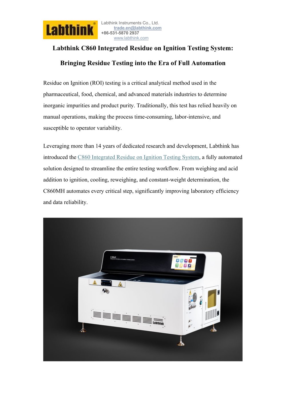 Labthink C860 Integrated Residue on Ignition Testing System: Bringing Residue Testing into the Era of Full Automation - Labthink Instruments Co., Ltd.