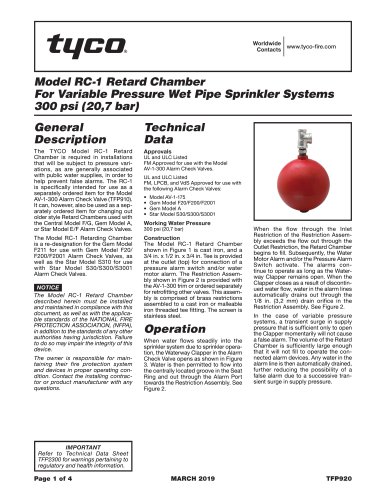 Model RC-1 Retard Chamber For Variable Pressure Wet Pipe Sprinkler Systems 300 psi (20,7 bar)