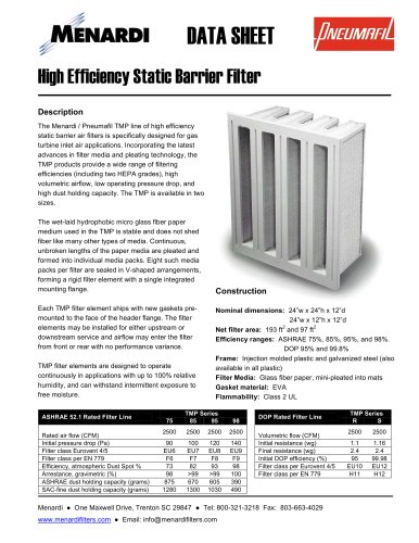 High Efficiency Static Barrier Filter 