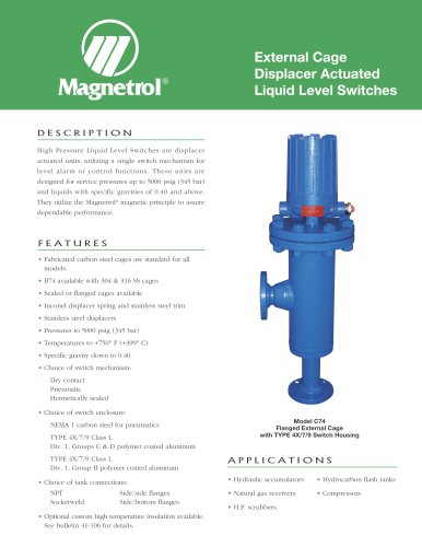 External Cage Displacer Actuated Liquid Level Switches