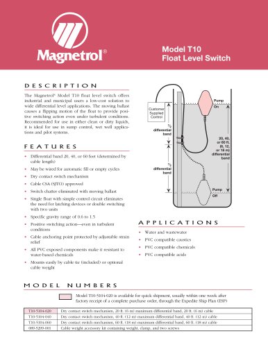 Model T10 Cable Mounted Float Level