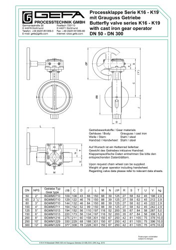 Butterfly valve series K16 - K19 with cast iron gear operator