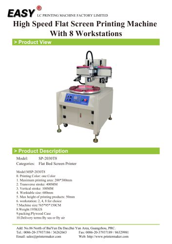 High Speed Flat Screen Printing Machine With 8 Workstations