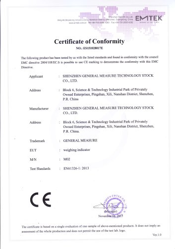 GM Weighing indicator M02 CE certificate