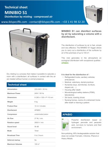 MINIBIO S1 DISINFECTION FOGGER - DATA SHEET