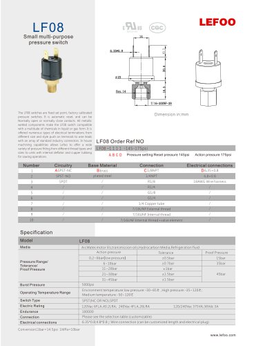 LEFOO PRESSURE SWITCH/LF08/for RO system/cooling system/ air conditioning/ safety controls/ condensing units/ refrigerator