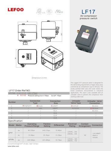 LEFOO PRESSURE SWITCH/LF17/for air compressor/ heavy duty/ for industry