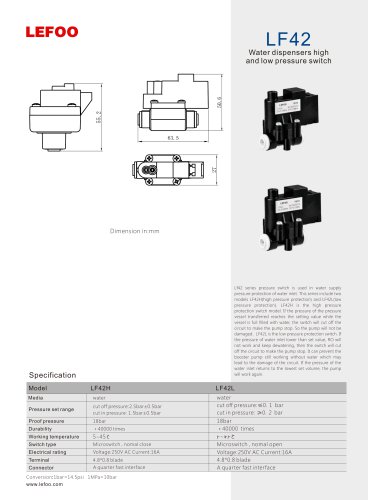 LEFOO pressure switch /LF42 /for water system/high and low pressure switch/ water dispensers