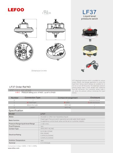 LEFOO pressure switch/sewage pressure switch/liquid level pressure switch/LF37