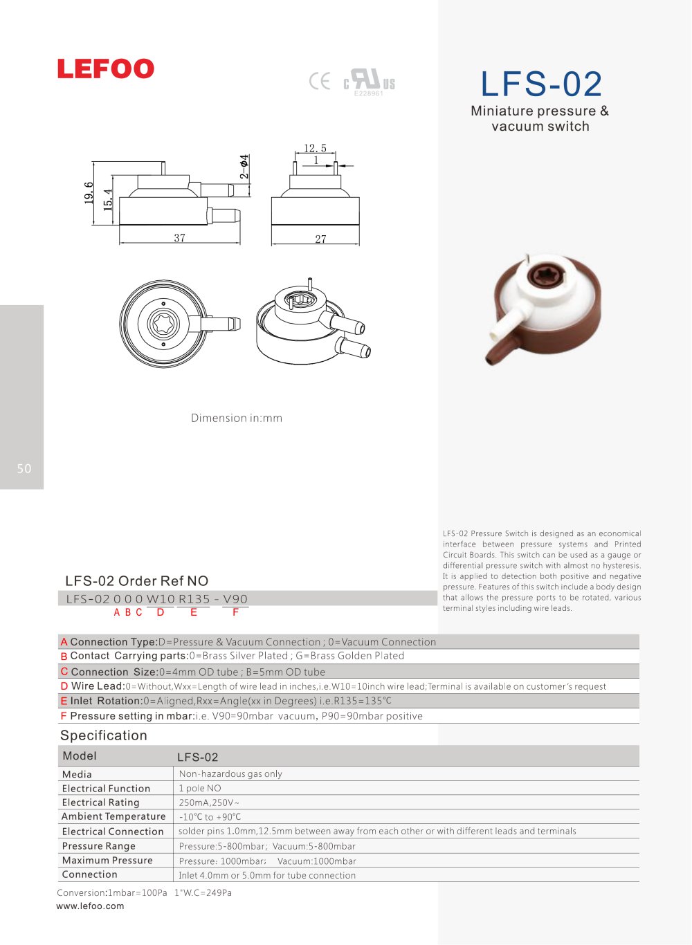 LFS-02 Miniature Positive and Negative Pressure Switch - ZHEJIANG LEFOO CONTROLS CO., LTD