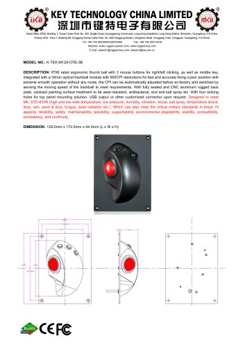 Ergonomic handheld trackball K-TEK-M129-OTB-3B Data sheet