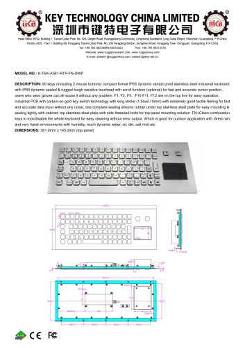 Industrial metal keyboard K-TEK-A361-RTP-FN-DWP data sheet