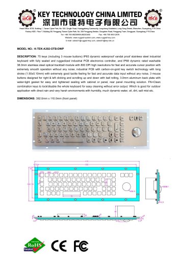 IP65 keyboard K-TEK-A392-OTB-DWP data sheet