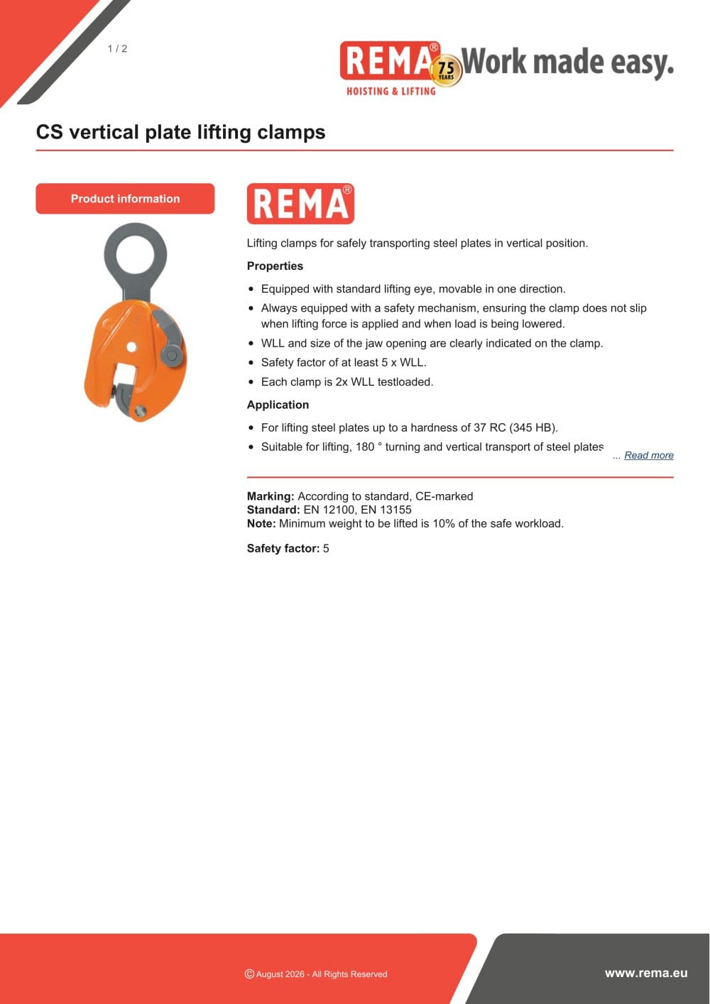 CS vertical plate lifting clamps - REMA Hollande B.V.