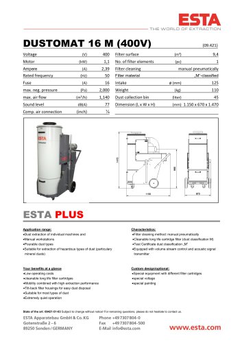 Datasheet DUSTOMAT 16M / 400 V - PNEUMATISCH