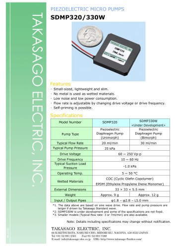 Large Flow Piezoelectric Micro Pumps - SDMP320 & SDMP330W