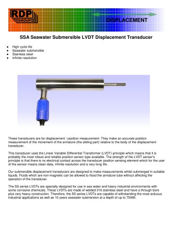 SSA Seawater Submersible LVDT Displacement Transducer