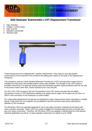 SSD Seawater Submersible LVDT Displacement Transducer