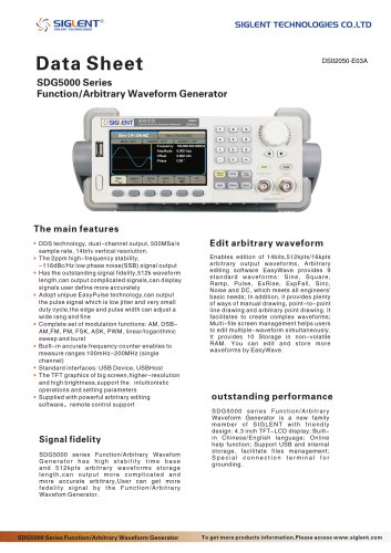 SIGLENT SDG5000 Series Datasheet | function/arbitrary waveform generator | EasyPulse Technology | 160MHz | 500MSa/s