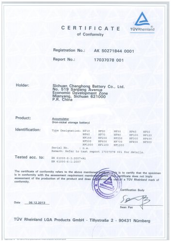 CHANGHONG NICKEL IRON BATTERY CE CERTIFICATE