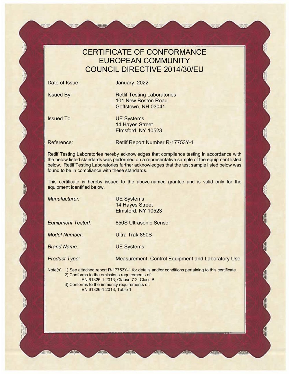 CERTIFICATE OF CONFORMANCE - UE SYSTEMS