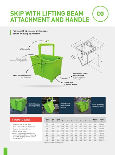 SKIP WITH LIFTING BEAM ATTACHMENT AND HANDLE