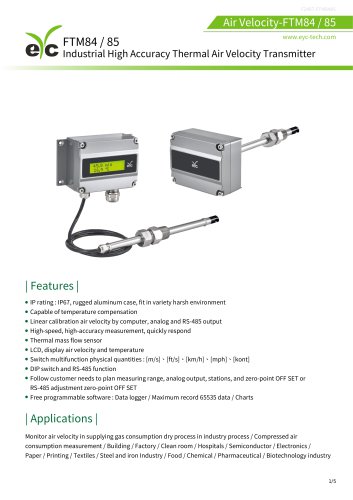 eYc FTM84/85 Industrial Grade High Accuracy Thermal Air Velocity Transmitter
