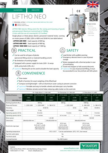 LIFTHO NEO 600-800-1000 kg electric hoist for elevator cabin installation