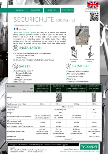 Securichute 600-800-1000-2000 kg anti fall devices