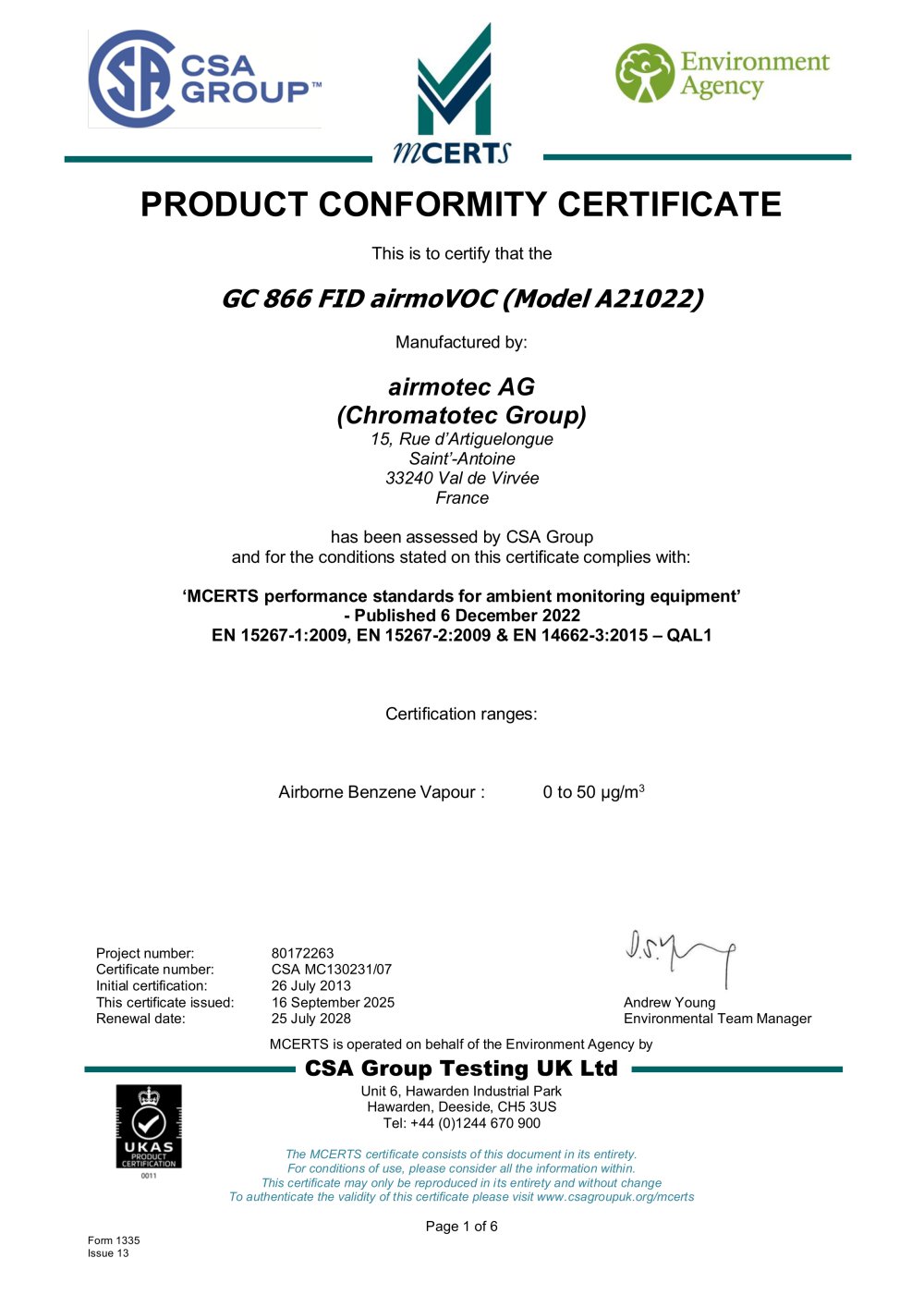 PRODUCT CONFORMITY CERTIFICATE - airmoVOC EN 14662-3-2015 QAL1 - CHROMATOTEC