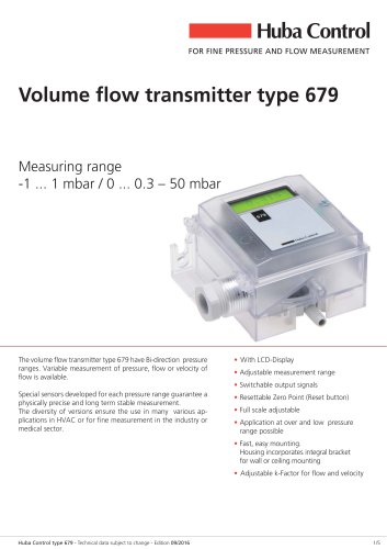 Volume flow transmitter 679 -1 ... 1 mbar / 0 ... 0.3 – 50 mbar