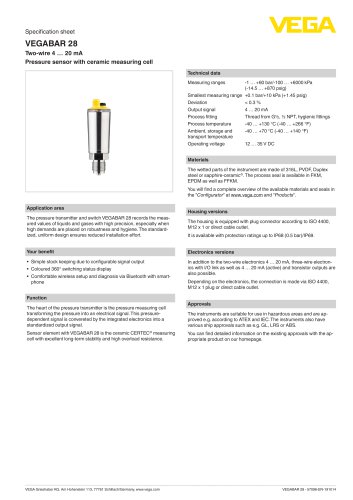 Specification sheet VEGABAR 28