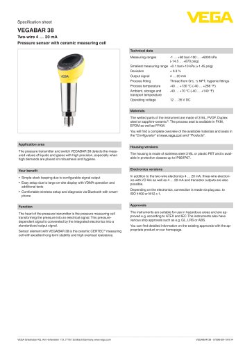 Specification sheet VEGABAR 38