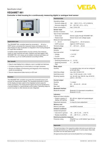 Specification sheet VEGAMET 861